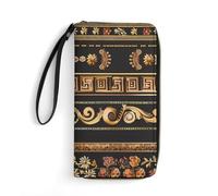Collections of Old Greek Ornaments Golden Antique Borders Dark Wristlet Wallets for Men Women Leather Long Wallet Credit Card Clutch with Cord