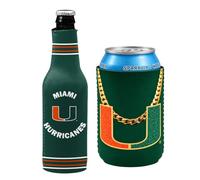 College Team Color Logo Can & Bottle Holder Drink Coozie Insulator Beverage Cooler Set (Miami Green Logo Chain (Hurricanes))