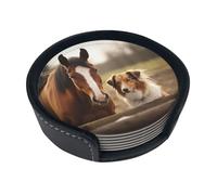 Collie Dog And Horse Together Coasters For Drinks Set Of 6 Leather Tea Cup Coaster Drink Coasters For Cup Kitchen Bar Home Decor Housewarming Gift