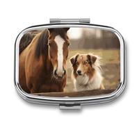 Collie Dog and Horse Together Pill Box 2 Compartment Pill Case Portable Pocket Pill Organizer Medicine Vitamin Organizer for Men Women