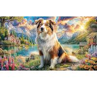 Collie-Dog-in-Mountain-Lake-Scene Puzzle for Adults 1000 Piece Impossible Hard Difficult Challenging Educational Game Decompression Fun Present & Activity for Home 38x26/1000pcs