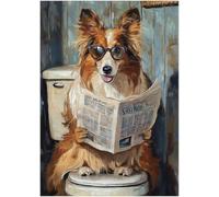 Collie on Toilet Jigsaw Puzzle 1000 Pieces for Adults - Quirky Dog Reading Newpaper with Glasses - Best Dog Bathroom Decor Puzzles