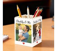 Collienght Custom Daddy and Me Brick Photo Block Pencil Pot for Dad Grandpa Husband Personalized 1-4 Photos Building Puzzle Pen Holder Storage Organization Decor for Father Day Birthday Anniversary