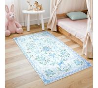 Collive 3x5 Nursery Rug, Boho Blue Floral Area Rugs Machine Washable, Soft Ultra-Thin Bow Carpet Non Slip for Girls Room Bedroom Entryway Playroom Living Room (Blue, 3' X 5')
