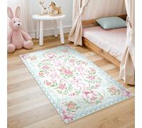 Collive 3x5 Nursery Rug, Boho Pink and Blue Floral Area Rugs Machine Washable, Soft Ultra-Thin Bow Carpet Non Slip for Girls Room Bedroom Entryway Playroom Living Room