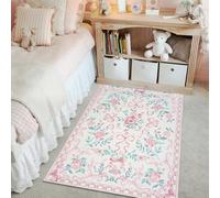 Collive 3x5 Nursery Rug, Boho Pink Floral Area Rugs Machine Washable, Soft Ultra-Thin Bow Carpet Non Slip for Girls Room Bedroom Entryway Playroom Living Room (Pink, 3' X 5')