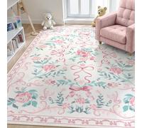 Collive 6x9 Pink Area Rug, Boho Bow and Floral Rugs for Living Room Machine Washable, Soft Ultra-Thin Bow Carpet Non Slip for Girls Room Bedroom Entryway Playroom