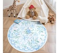 Collive Blue Bow Round Rugs for Girls, 4ft Floral Washable Circle Rug for Bedroom, Cute Ultra-Thin Non Slip Indoor Decor Carpet for Nursery Kids Room Playroom Living Room