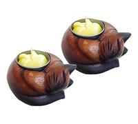 Collumino Sleeping Curled Cat Wooden Tealight Holder ~ Boxed with Tealight Candle (Pack of 2)