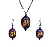 colobublie Gothic Glass Pendant Necklace Earrings Set Vintage Vampire Bat Mystic Witch Black Raven Crow Pumpkin Embossed Jewelry Set for Women Punk Halloween Cosplay Party Fashion Costume Accessories