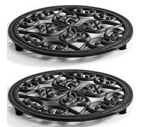Coloch 2 Pack Cast Iron Trivet, 18cm / 7.1" Round Metal Trivet with Vintage Patterns Rustproof Hot Pot Holder Pads with Rubber Pegs for Serving Hot Dishes, Pans, Tea Pots, for Kitchen, Black