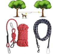 Coloch 50ft Dog Tie Out Cable with 360° Swivel Lockable Hook, Dogs Tie Down Cable Reflective System Portable Running Cable for Dog up to 300lbs for Camping Yard Park Training Outdoor Activities, Red