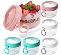 Coloch 6 Pack 600ml/12oz Plastic Overnight Oats Container with Spoon and Lid, Portable Prep Oatmeal Jar Leakage Proof On The Go Cup Dessert Cup for Yogurt, Snack, Oatmeal, Fruit, White, Pink, Green