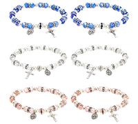 Coloch 6 Pack Women's Bead Stretch Rosary Bracelet, Crystal Cross Bracelet Catholic Bracelets with Crucifix and Miraculous Medal for Girl, Women, Birthday, Anniversary, Valentine's Day, White, faux
