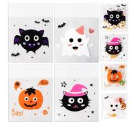 COLOFALLA 100pcs Halloween Sweet Bags Cellophane Bags Treat Seal Bags Halloween Bags for Cookie Candy Trick or Treat Sweetie (4 Patterns), 10x10 cm