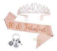 COLOFALLA 40th Birthday Sash and Tiara Crown for Women Rose Gold Glitter 40 and Fabulous Sash 40th Birthday Gifts for Women Birthday Decorations to Wear