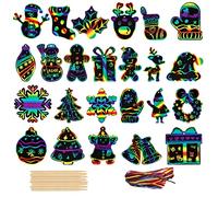 COLOFALLA 48sheets Christmas Scratch Art Kit - 24 Designs, 72 Pieces, Acrylic Magic Rainbow Scratch Art Cards with 24pcs Wooden Stylus Sticks & 48pcs Ribbons