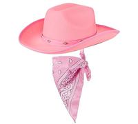 COLOFALLA Pink Cowboy Hat for Women Adult Ladies Cowboy Hat and Bandana Scarf Neckerchief Cowboy Fancy Dress Accessory for Wild West Sheriff (Pink)