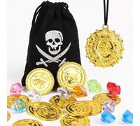 COLOFALLA Pirate Treasure Coin Pouch Pirate Accessories with Coin Gem and Necklace Pirate Toys for Kids Pirate Party Treasure Hunting