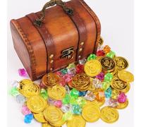 COLOFALLA Treasure Chest Treasure Box for Kids Pirate Treasure Toys with 50 Gold Coins 50 Gems for Pirate Party Decorations Treasure Hunting Birthday Christmas Halloween