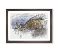 Cologne Cathedral & The Hohenzollern Bridge Sketch Framed Print | A2 Walnut Framed Wall Art | Ready to Hang | Modern Cityscape Picture | Living Room Bedroom Lounge Office