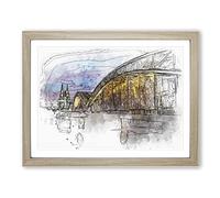 Cologne Cathedral & The Hohenzollern Bridge Sketch Modern Art Framed Print | A2 Oak Framed Wall Art | Ready to Hang | Modern Cityscape Picture | Living Room Bedroom Lounge Office