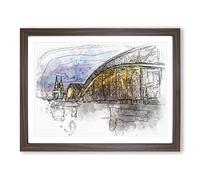 Cologne Cathedral & The Hohenzollern Bridge Sketch Modern Art Framed Print | A3 Walnut Framed Wall Art | Ready to Hang | Modern Cityscape Picture | Living Room Bedroom Lounge Office