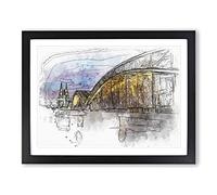 Cologne Cathedral & The Hohenzollern Bridge Sketch Modern Art Framed Print | A4 Black Framed Wall Art | Ready to Hang | Modern Cityscape Picture | Living Room Bedroom Lounge Office