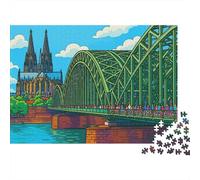 Cologne Cathedral View Jigsaw Puzzles 1000 Pieces for Adults Cologne Cathedral Hohenzollern Bridge Cartoon River People Premium Thick Sturdy Challenging Stress Relief Family Game Gift 52x38cm/1000pcs