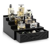 Cologne Organizer for Men, 4 Tier Stand With Velvet Lining Drawer and Hidden Compartment, Wood Perfume Shelf, Display Holder for Watch Jewelry, Great Gifts for Men