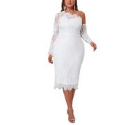 Cololura Women Elegant Floral Lace Patchwork Long Sleeve Evening Gown Party Cocktail Bodycon Dress, White-2, M