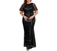 Cololura Women Sequin Plus Size Mesh Perspective Short Sleeve Party Cocktail Bodycon Evening Maxi Dress, Black, XXL