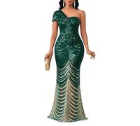 Cololura Women Sexy Sequin One Shoulder Mermaid Formal Party Cocktail Gowns Bodycon Evening Maxi Dress, Green-curve, L