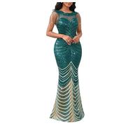 Cololura Women Sexy Sequin Tassel Mesh Perspective Gold Threads Patchwork Bodycon Party Cocktail Evening Gown Dress, Green-gold, L