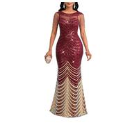 Cololura Women Sexy Sequin Tassel Mesh Perspective Gold Threads Patchwork Bodycon Party Cocktail Evening Gown Dress, Red-Gold, M
