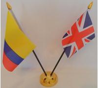 Colombia Colombian Union Jack 2 Flag Friendship Table Display With Gold Base