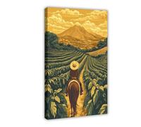 Colombian Farmer on Horse Illustration, Coffee Plantation Art Print Canvas Poster Bedroom Decor Landscape Office Room Decor Gift 16x24inch(40x60cm)