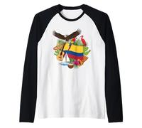 Colombian Flag Surrounded by Tropical Symbols and Wildlife Raglan Baseball Tee