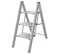 Colombo Leonardo Silver Aluminium Folding Ladder 3 Steps | Extra Large 3 Step Ladder 13 x 26 cm, Non-Slip, Modern Design | Load Capacity 150 kg | Approved EN131 TÜV-GS | Made in Italy