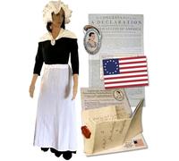 Colonial Costume Women Accessories, 1776 Revolutionary War, Deluxe Keepsake Set with Mob Cap, Apron, Shawl, Abigail Button, Abigail Adams Letter, Declaration Broadside & Apple Pan Dowdy Recipe