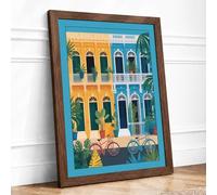 Colonial Facade with Bicycles Modern Framed Wall Art Print A2 (59.4×42cm) Walnut, Wall Decor for Living Room, Bedroom, Office & Home, Ready to Hang, Art Gift