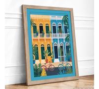 Colonial Facade with Bicycles Modern Framed Wall Art Print A3 (42×29.7cm) Oak, Wall Decor for Living Room, Bedroom, Office & Home, Ready to Hang, Art Gift