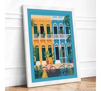 Colonial Facade with Bicycles Modern Framed Wall Art Print A4 (29.7×21cm) White, Wall Decor for Living Room, Bedroom, Office & Home, Ready to Hang, Art Gift