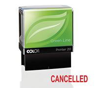 Colop Green Line Word Stamp Cancelled Imprint 38x14mm Red | CANCELLED wording; 38x14mm impression, Red ink; self-inking for paper and document marking.