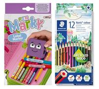 COLOP Pen MARKY Marker Set with Black Ink for Writing on Pens and School Utensils Including 12 Staedtler Noris Colour 185 Coloured Pencils Hexagonal Made Form Upcycled Wood