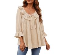 Coloquin Women Casual 3/4 Sleeve Crew Neck Tie Front Ruffle Tiered Tops Loose Tunic Shirts Blouse Going Out Tops Apricot M