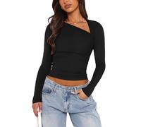 Coloquin Women Long Sleeve Crop Tops Asymmetrical Neck Slim Fitted Shirts Office Work Going Out Tops Black S