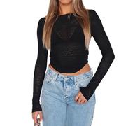 Coloquin Women Long Sleeve Mesh Sheer Crop Tops Sexy Off The Shoulder Bardot See Through Y2k Going Out Tops Black M