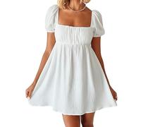 Coloquin Women Puff Short Sleeve Square Neck A Line Mini Dress Sundress Flowy Swing Beach Going Out Dresses White M