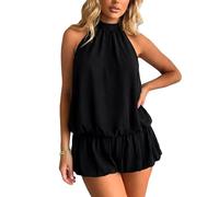 Coloquin Women Sexy Halter Backless Bubble Mini Dress Tie Open Back Y2k Club Party Beach Going Out Dresses Black M